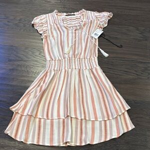 Black Tape Smocked Waist Flutter sleeve,tiered hem,tassel,stripe,lightweight